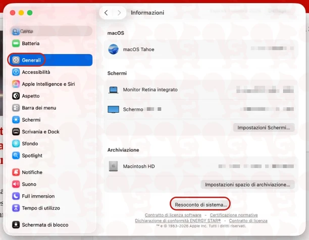 informazioni resoconto sistema macos26