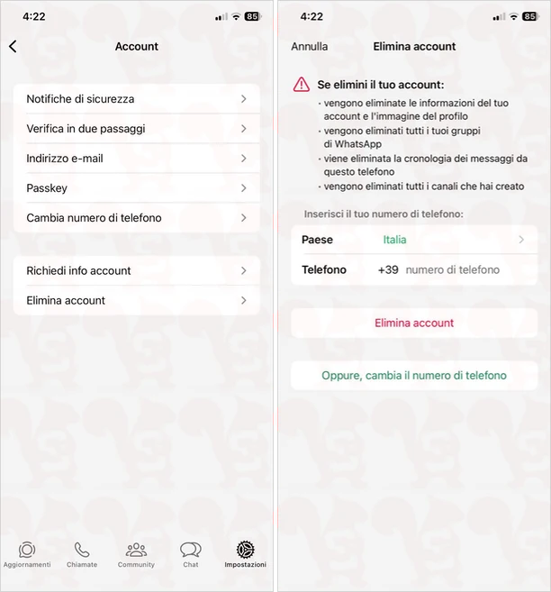 eliminare account whatsapp