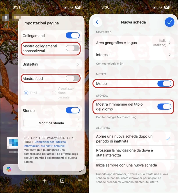 disattivare notizie microsoft edge mobile