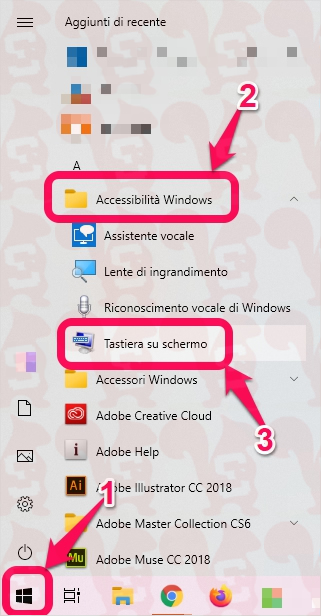 microsoft windows menu start tastiera su schermo