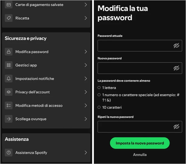 cambiare password spotify app