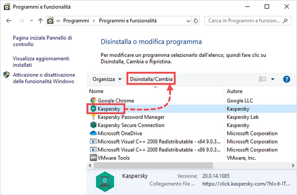 disinstallare kaspersky windows