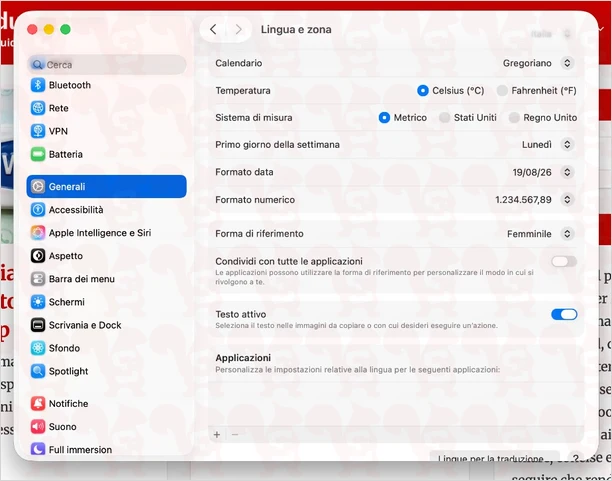impostazioni testo attivo macos