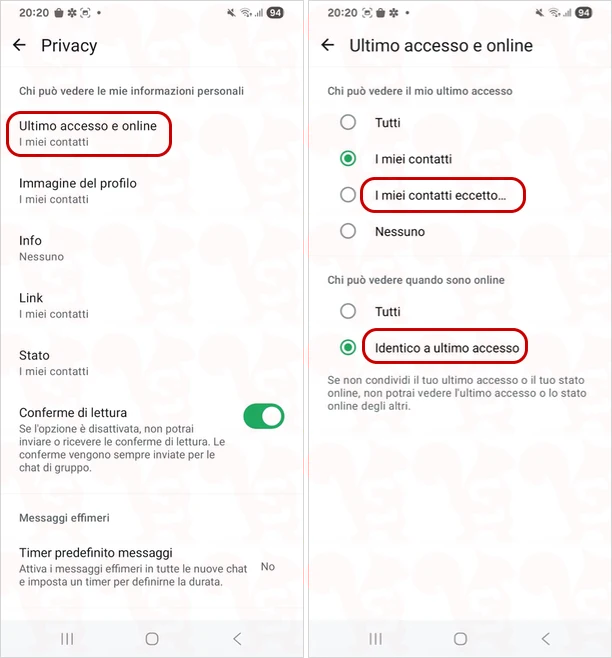 nascondere ultimo accesso online contatto whatsapp android