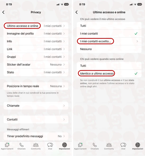 nascondere ultimo accesso online contatto whatsapp ios