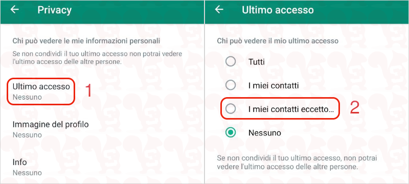 whatsapp android ultimo accesso eccetto