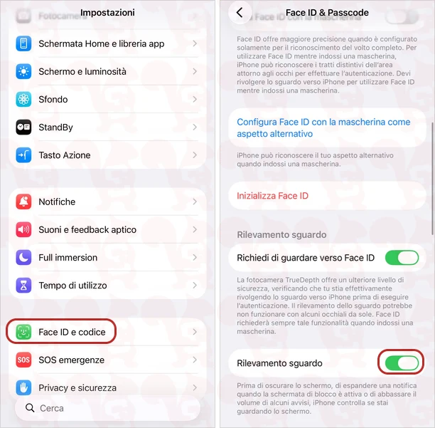attivare rilevamento sguardo ios