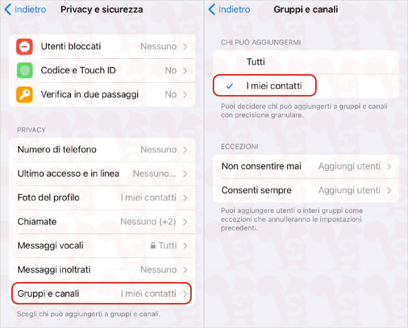 telegram impostazioni privacy gruppi