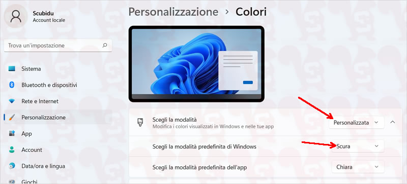 windows impostazioni personalizzazione colori modalità scura