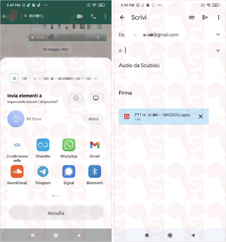 salvare audio whatsapp android mail