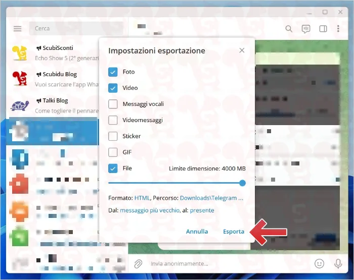 esportare chat telegram desktop
