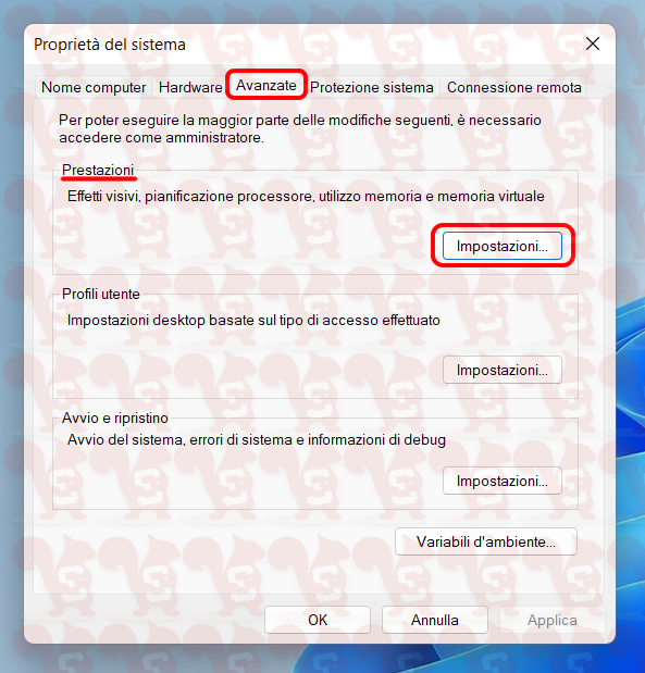 windows 11 proprieta del sistema opzioni prestazioni