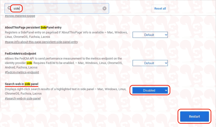 chromebook disattivare pannello laterale ricerca