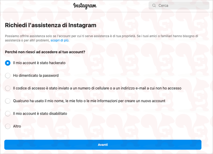 instagram recuperare account hackerato