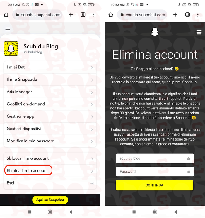 eliminare account snapchat android