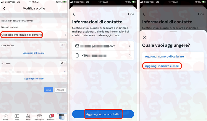 cambiare email facebook app