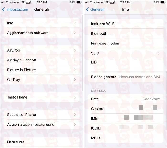 imei iphone impostazioni