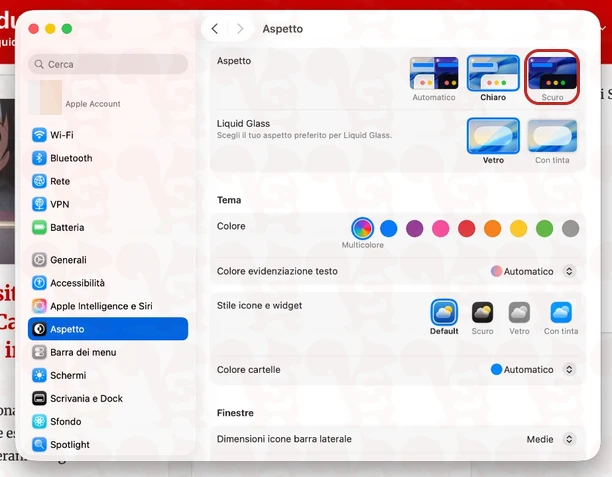 impostazioni sistema modalita notte macos26