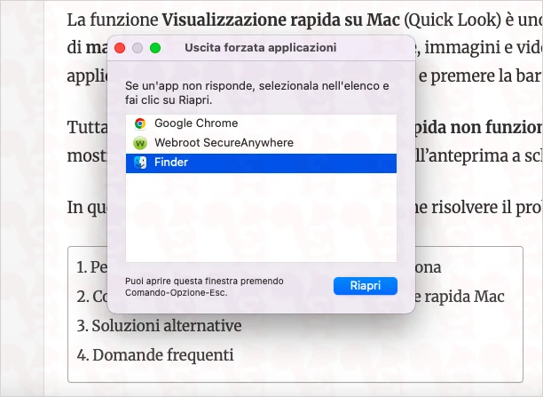 riavviare finder macos