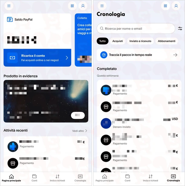 cronologia paypal app