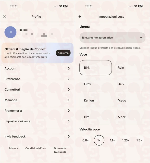 impostazioni voce copilot app