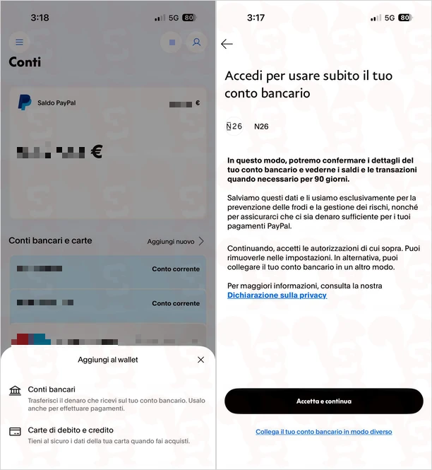 collegare conto bancario paypal app