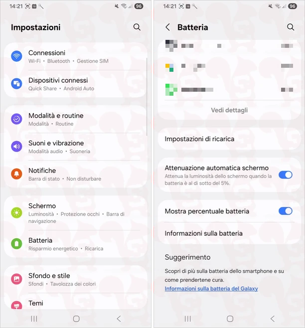 percentuale batteria samsung