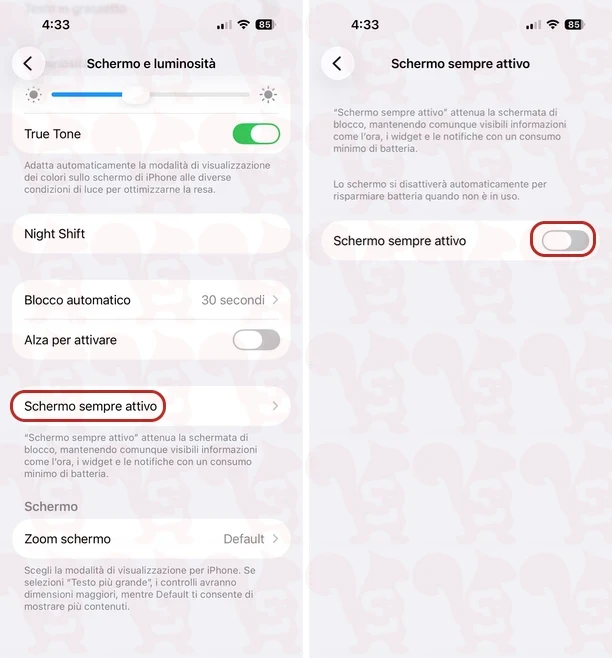 disattivare schermo sempre attivo ios