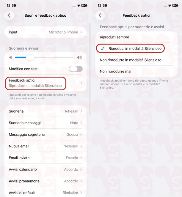 impostazioni feedback aptico modalita silenziona