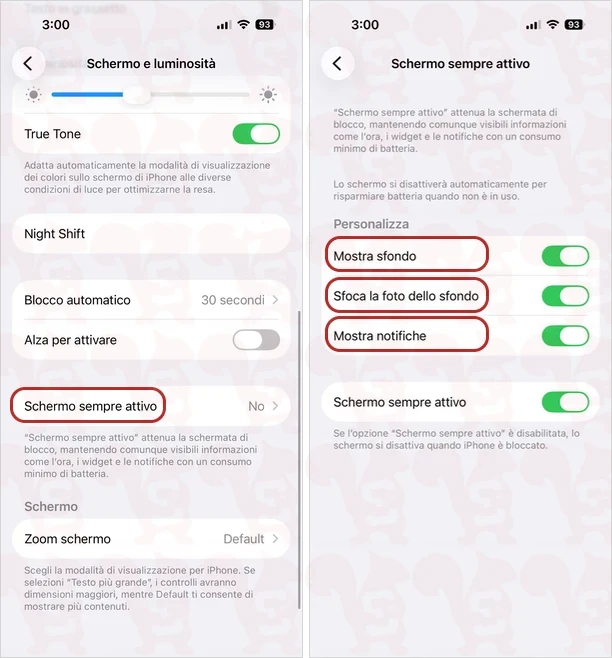 modificare schermo sempre attivo ios
