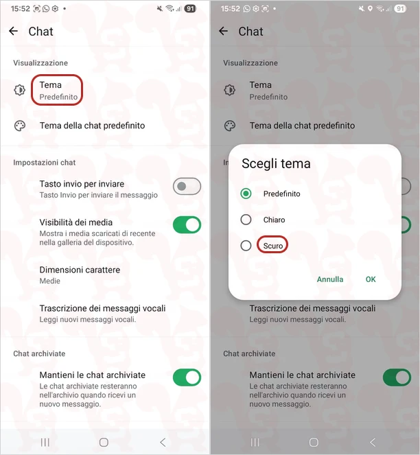 attivare modalita notte whatsapp android