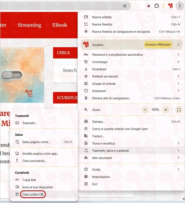 creare codice qr google chrome menu
