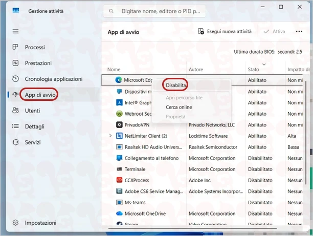 disattivare avvio microsoft edge task manager windows