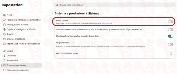 disattivare avvio rapido impostazioni microsoft edge windows