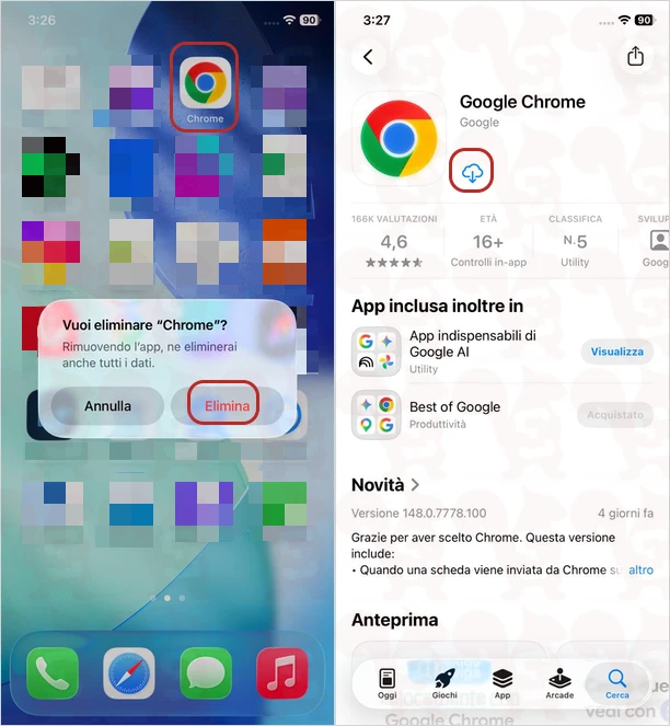disinstallare reinstallare google chrome mobile