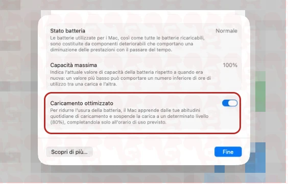 impostazioni batteria caricamento ottimizzato macos