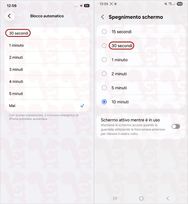 impostazioni blocco automatico ios android