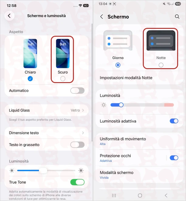 impostazioni modalita notte ios android
