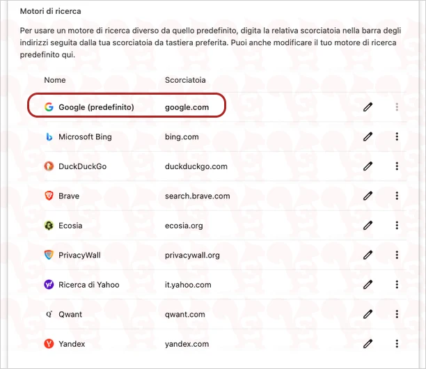 impostazioni motore ricerca google chrome desktop