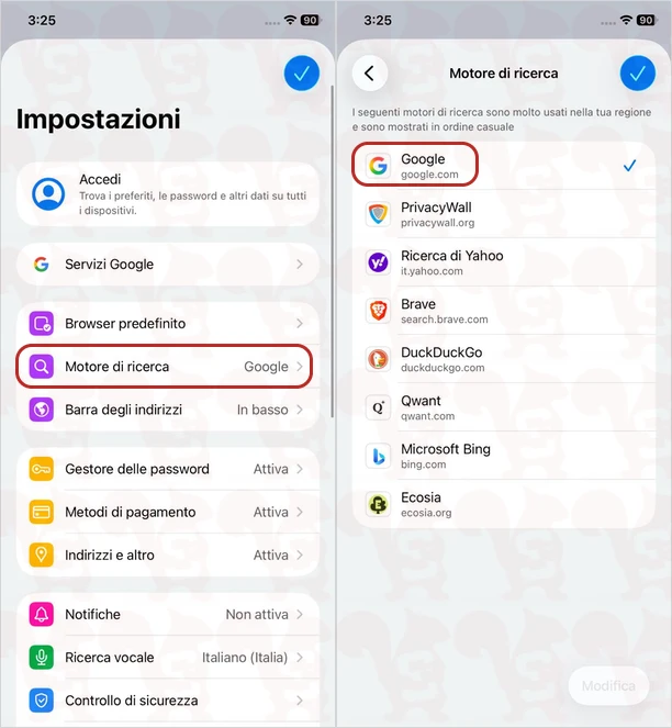 impostazioni motore ricerca google chrome mobile