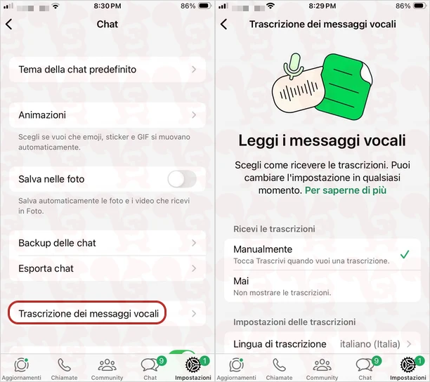 impostazioni trascrizione audio whatsapp ios
