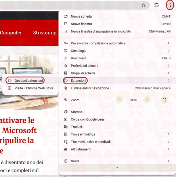 menu estensioni google chrome desktop