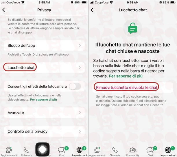 rimuovere lucchetto chat whatsapp
